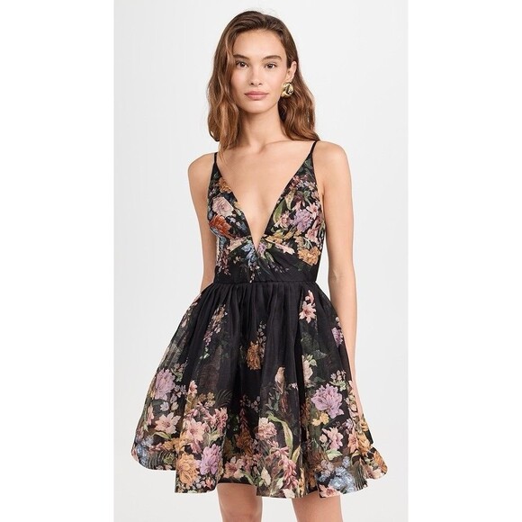 ZIMMERMANN Dresses & Skirts - Zimmermann Pavilion V Neck Mini Dress in Black Multi Floral Linen Silk AU 1 US 6